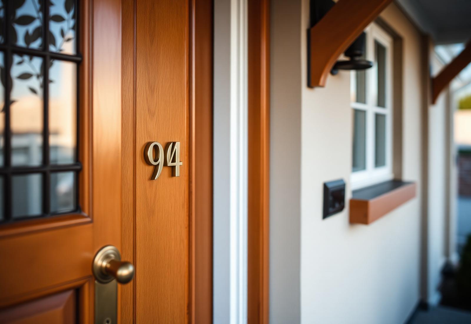 Brass house numbers on a wooden front door